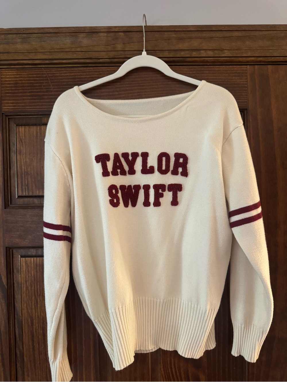 Taylor Swift Cream Varsity Sweater with Burgundy Lettering SOLD OUT